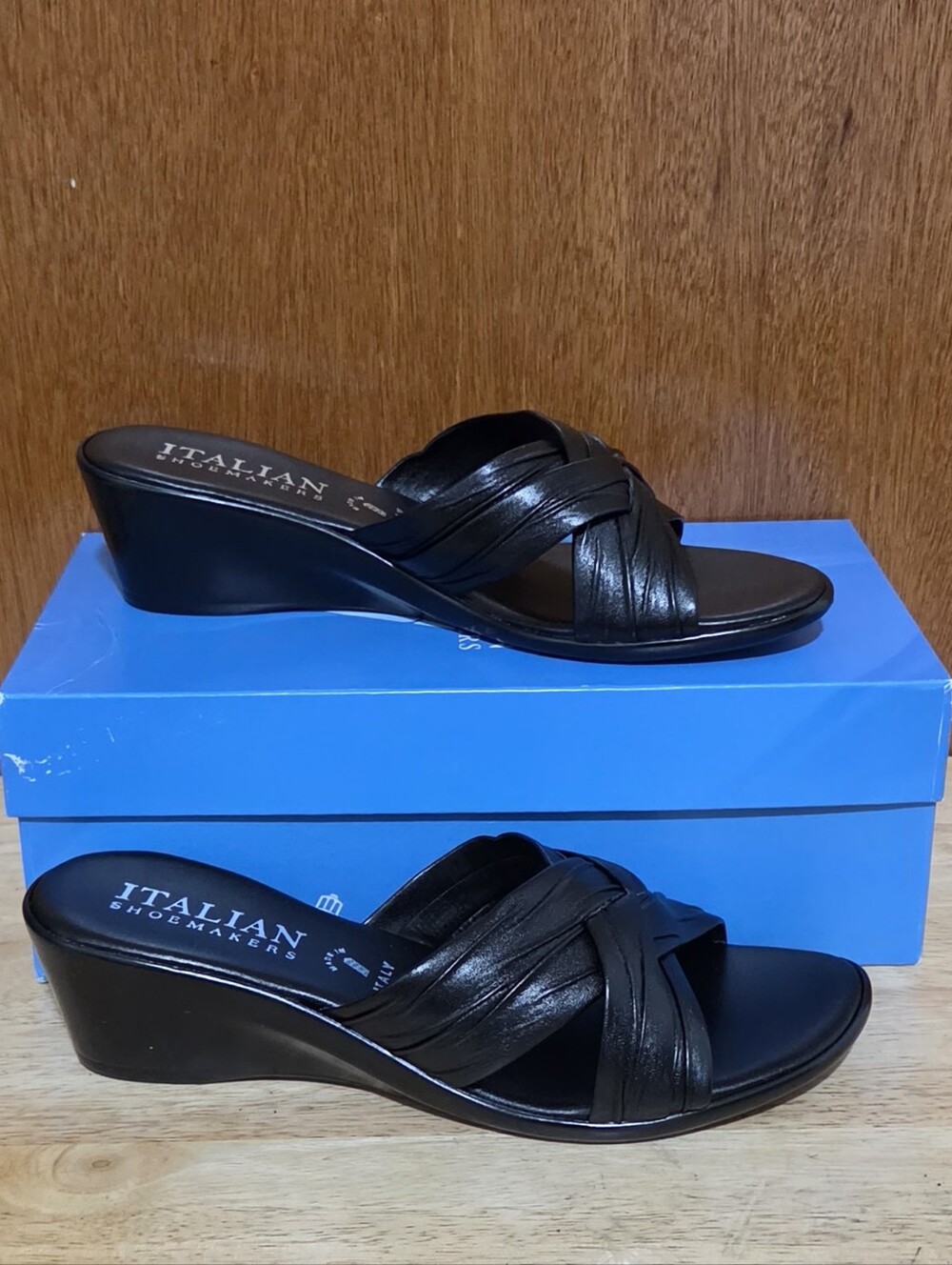 Italian Shoemakers Saylor Black Wedge Heel Sandals Size 9 Made In Italy NIB